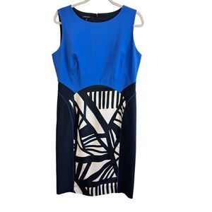Lafayette 148 Sleeveless Sheath Dress Black Blue White Abstract Print Size 10